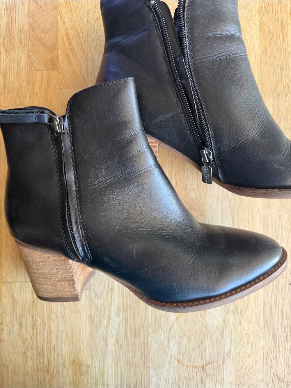 Women's Black Leather Ankle Bootie with Wood Block Heel